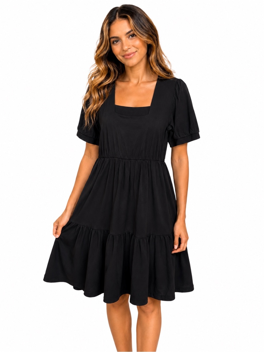 115 Square Neck Black Midi Dress with Tiered Skirt